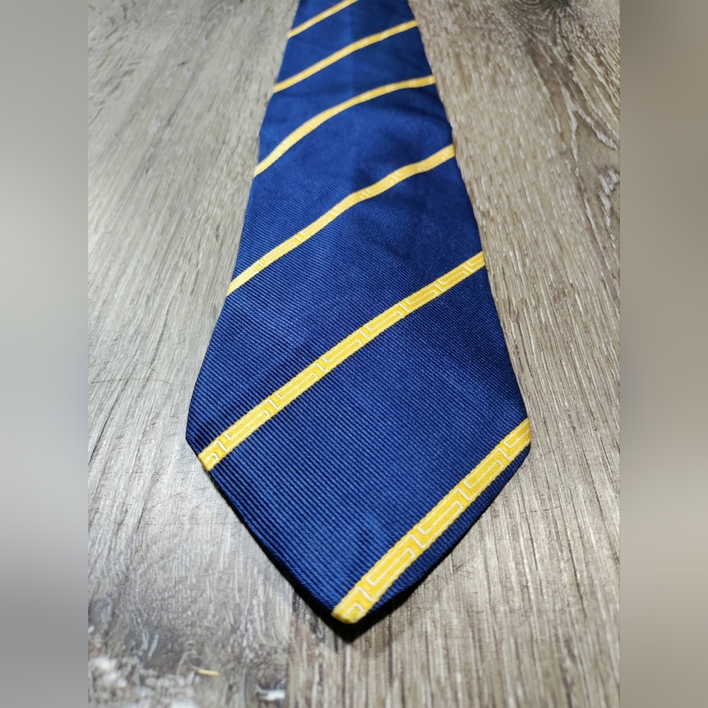 Versace Blue Yellow Stripe Silk Tie Medusa Embroidery Logo